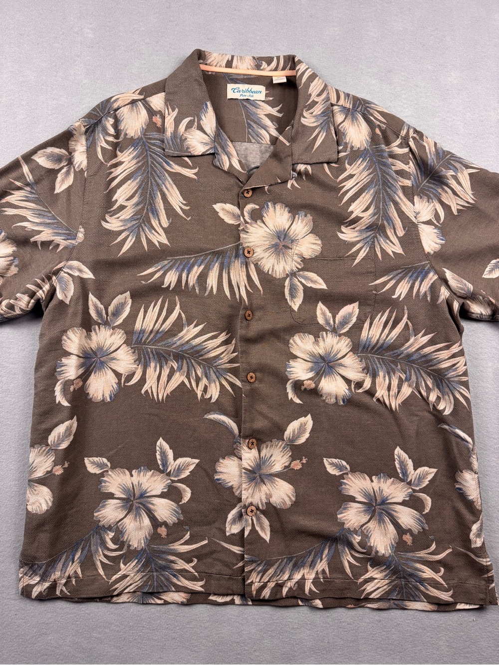 Caribbean 100% Pure Silk Mens XL Tropical Button Down Earthy Floral Hawaiian